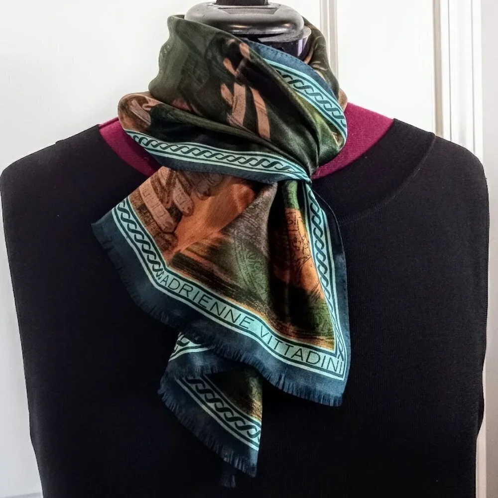 Vintage Adrienne Vittadini Equestrian Print Silk Fringed Oblong Scarf